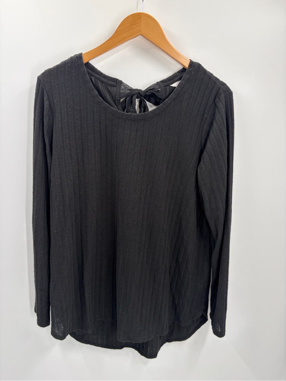 LC Lauren Conrad Black Ribbed Long-Sleeve Top with Back Tie‎